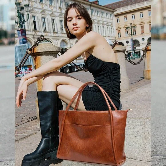 ✨Utenwat Women Brown Large Tote Bag with Zipper Vegan Leather Purse and Handbag